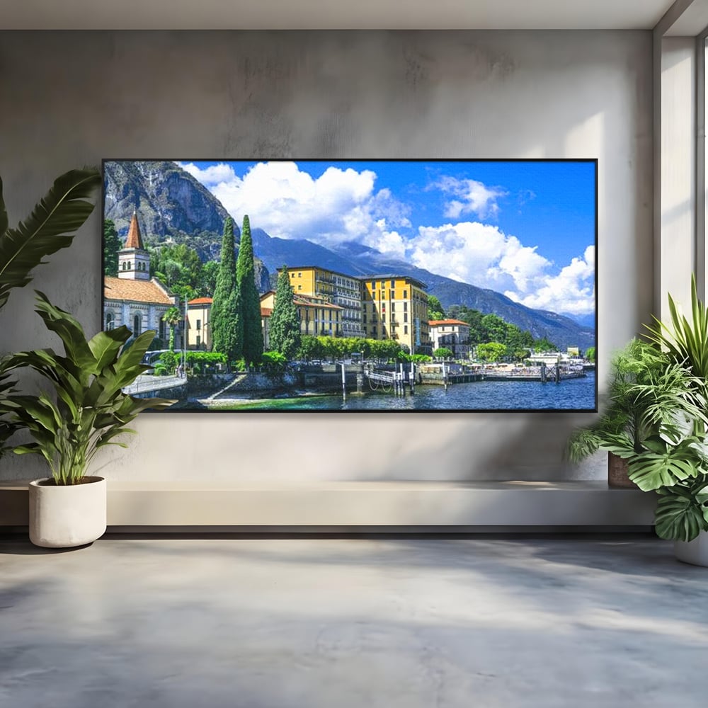 Tablou canvas cu peisaj urban pe malul lacului, in rama de aluminiu negru